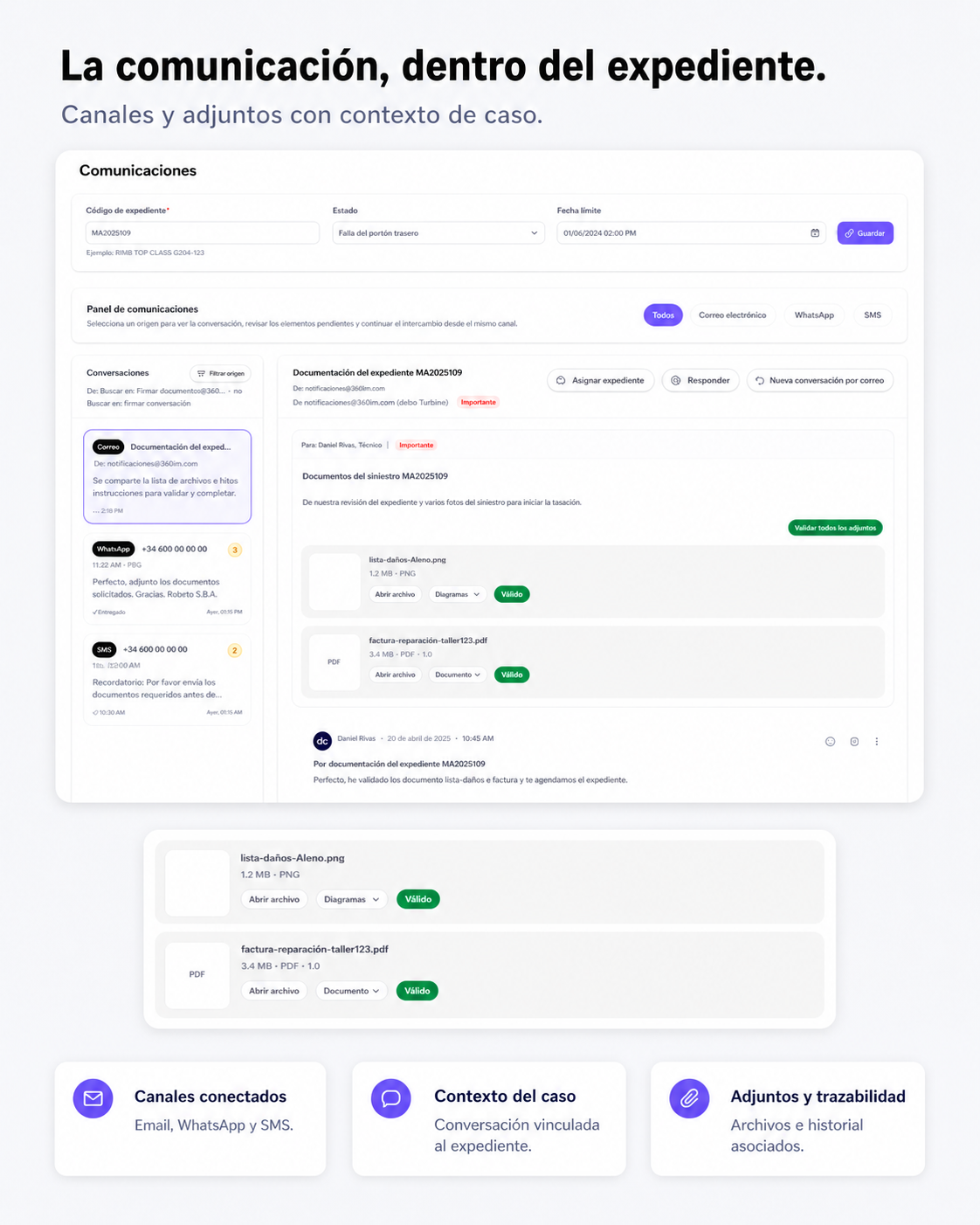 Bandeja de comunicaciones de 360Claims con emails, WhatsApp y adjuntos vinculados al expediente.