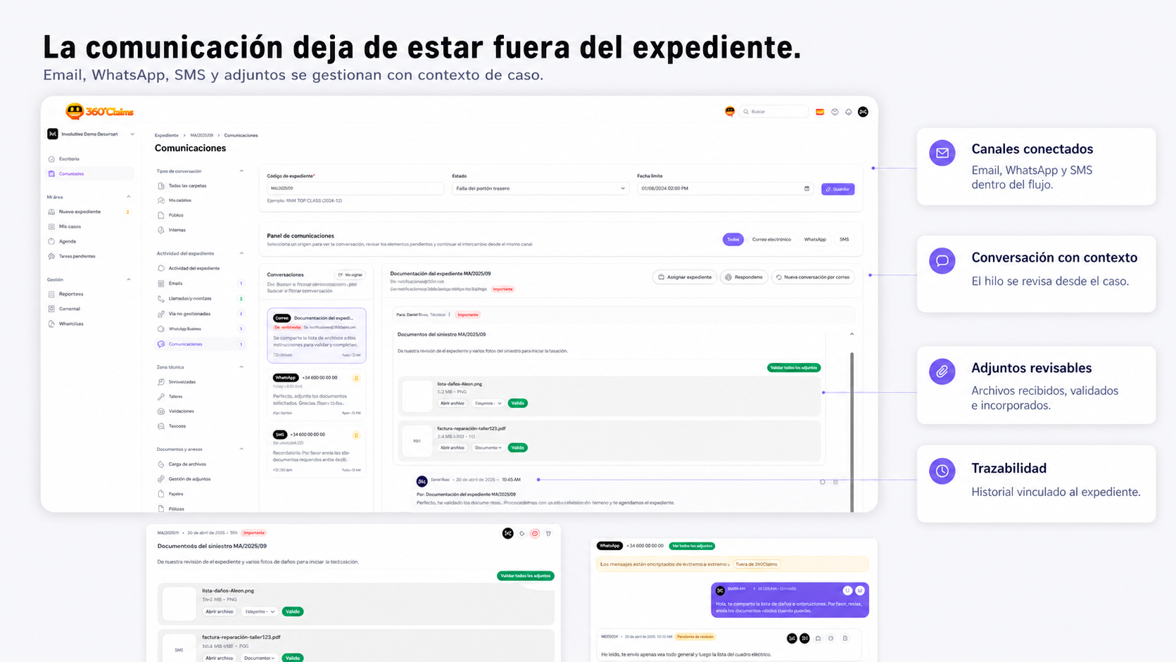 Bandeja de comunicaciones de 360Claims con emails, WhatsApp y adjuntos vinculados al expediente.